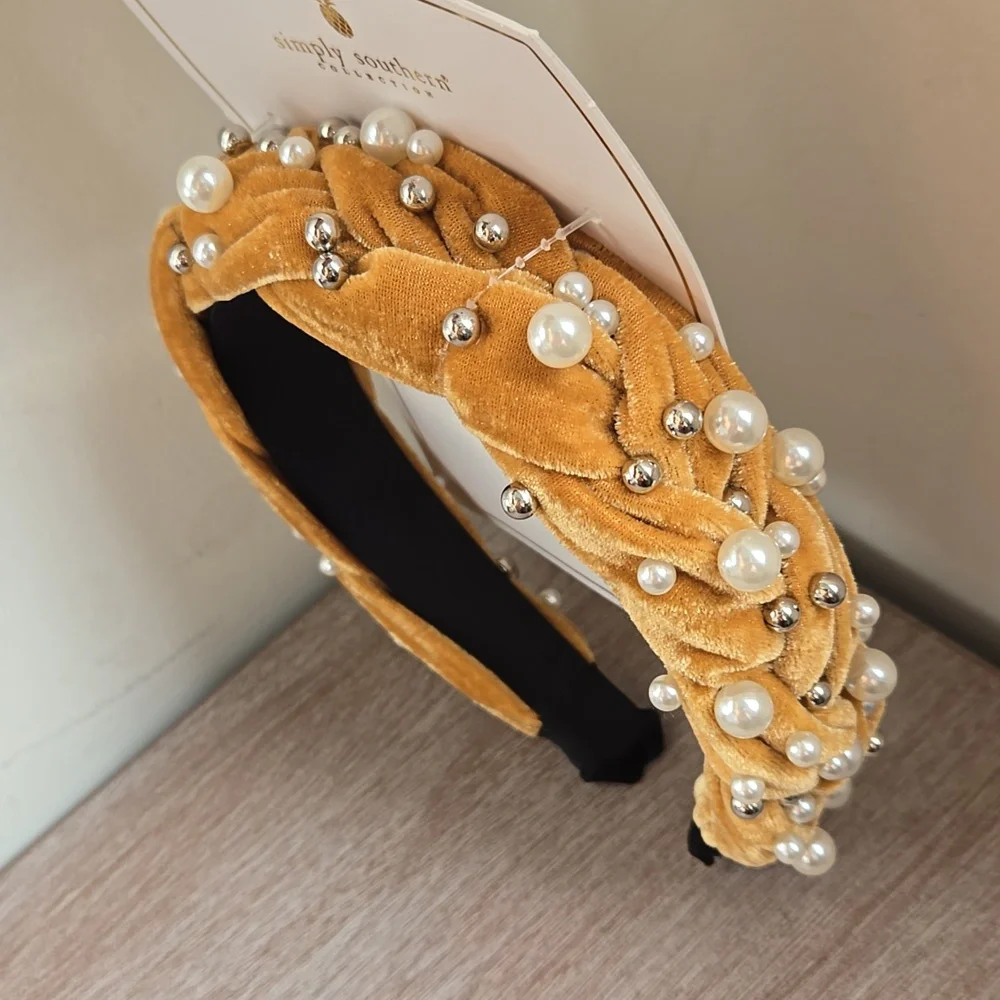 NWT Simply Southern Gold Velvet Headband with Pearls